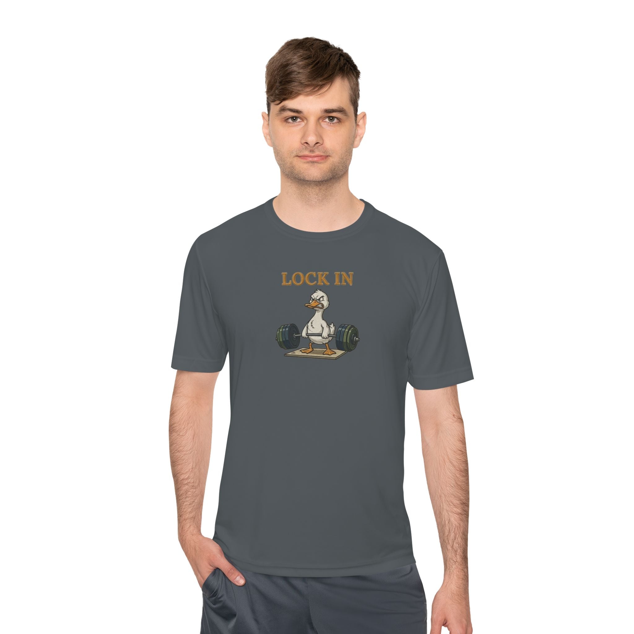 Lock In Duck Weightlifting Tee — Funny Gym Workout T-Shirt