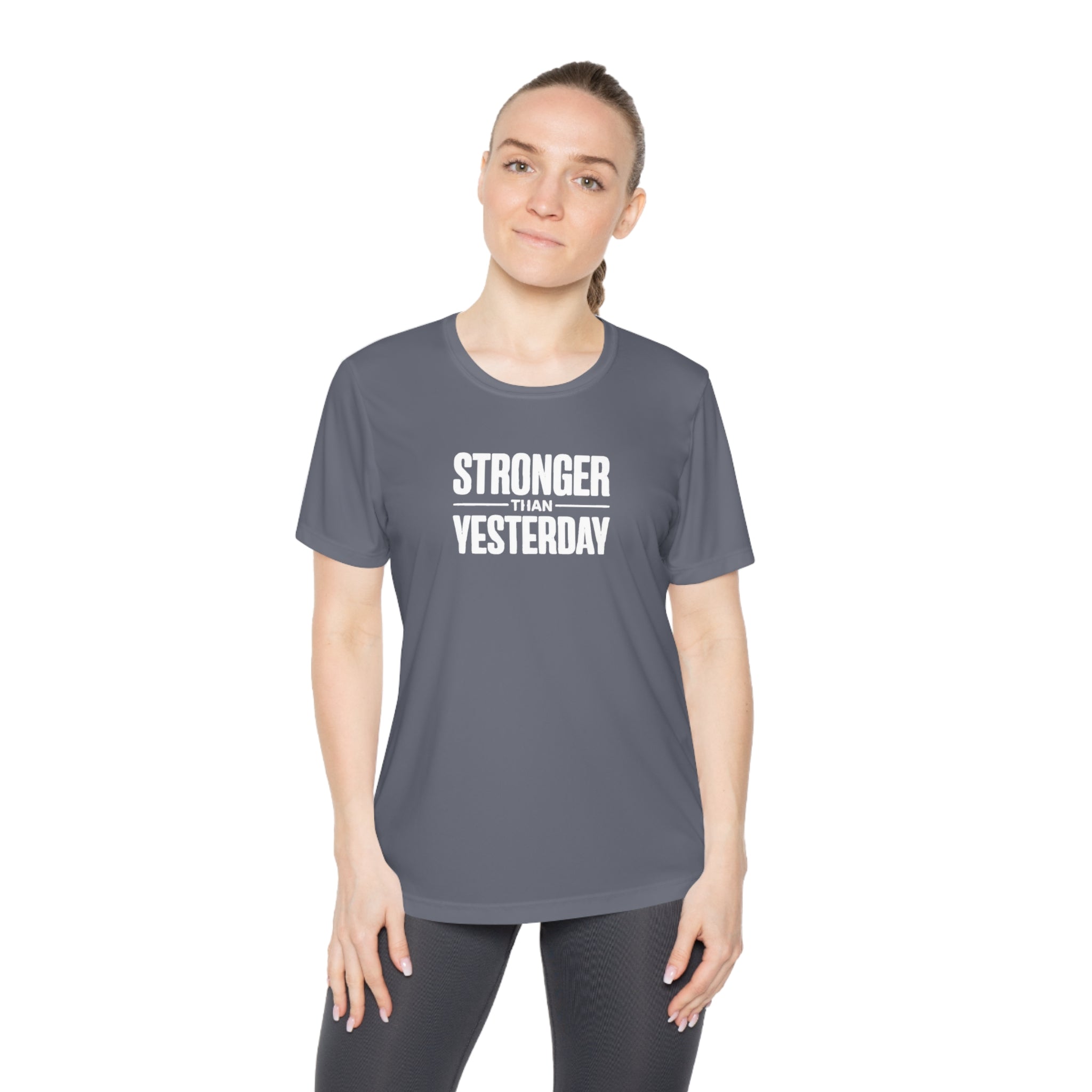 Ladies "Stronger Than Yesterday" Tee — Women's Motivational Fitness Shirt