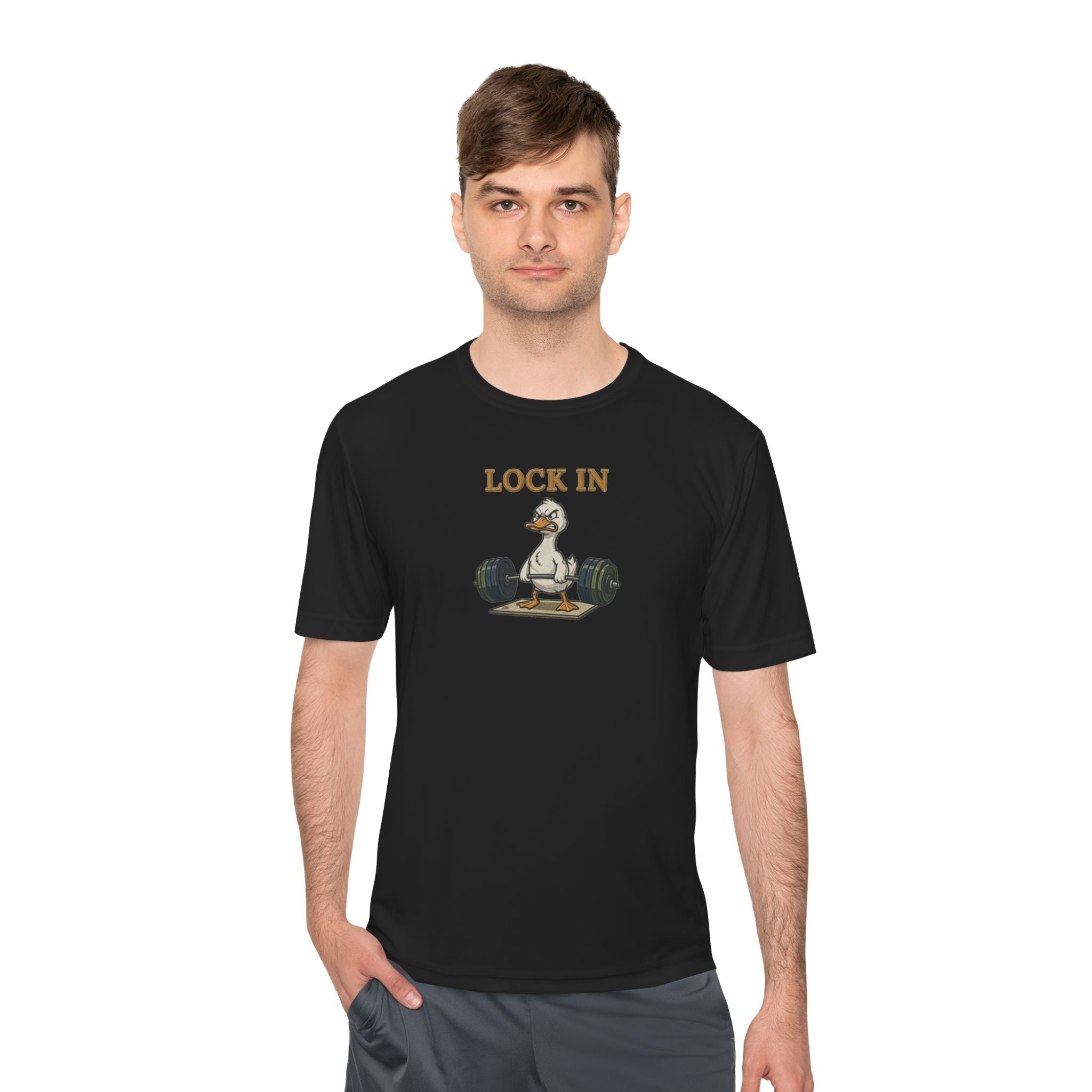 Lock In Duck Weightlifting Tee — Funny Gym Workout T-Shirt