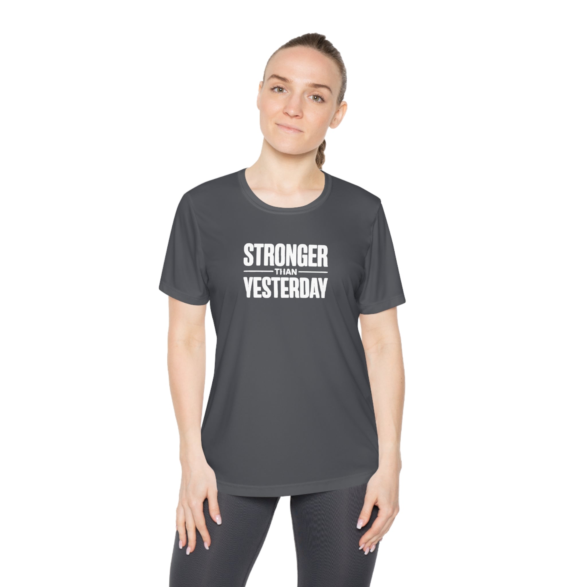 Ladies "Stronger Than Yesterday" Tee — Women's Motivational Fitness Shirt